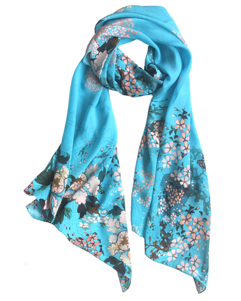Silk scarf adorned with original artwork, Japanese floral inspired design in Summer hues 