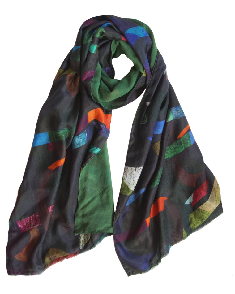 Loopy Dark - Silk scarf with wool backing